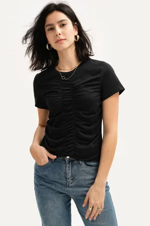 Plain Ruched Front Round Neck Tee