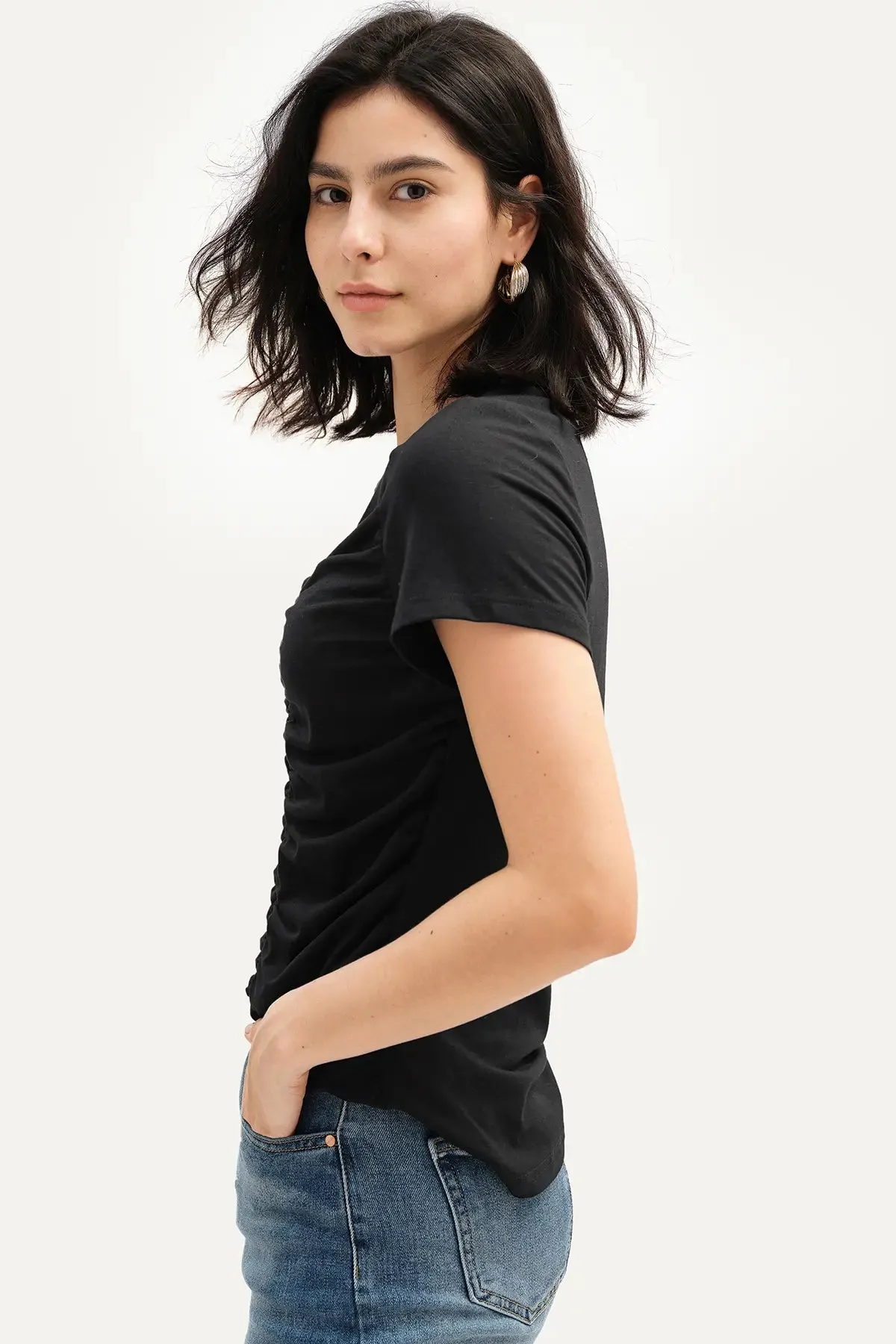 Plain Ruched Front Round Neck Tee