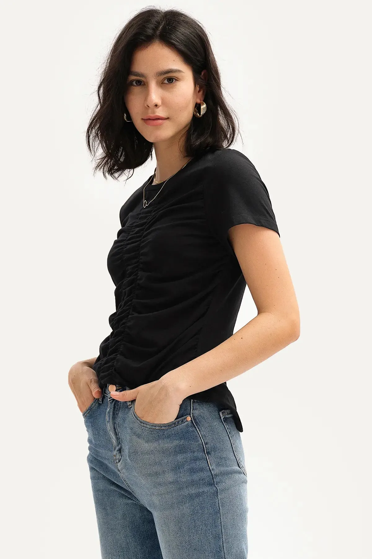 Plain Ruched Front Round Neck Tee