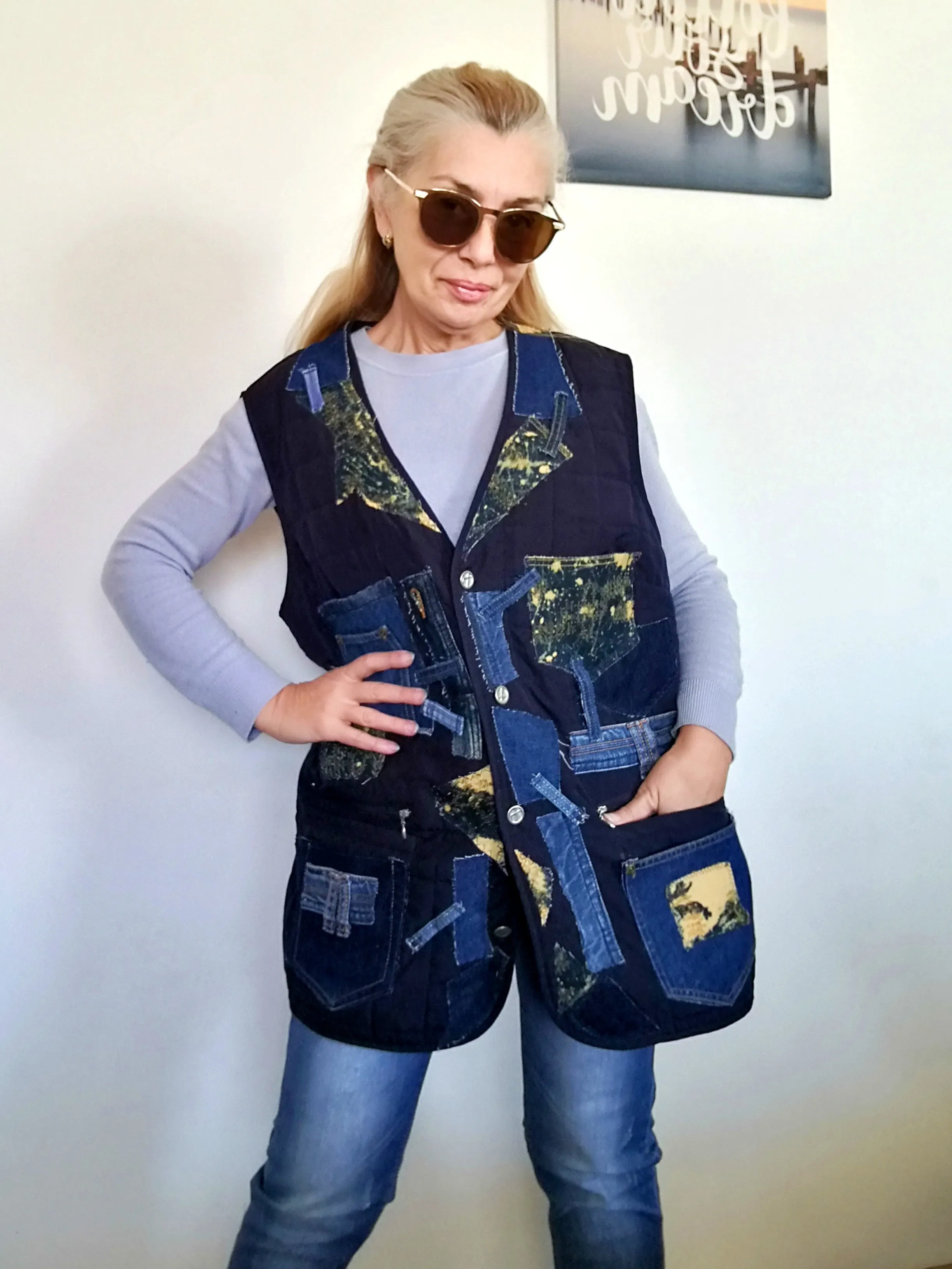 Plus Size Quilted Jacket XL/2XL Distressed Denim Vest