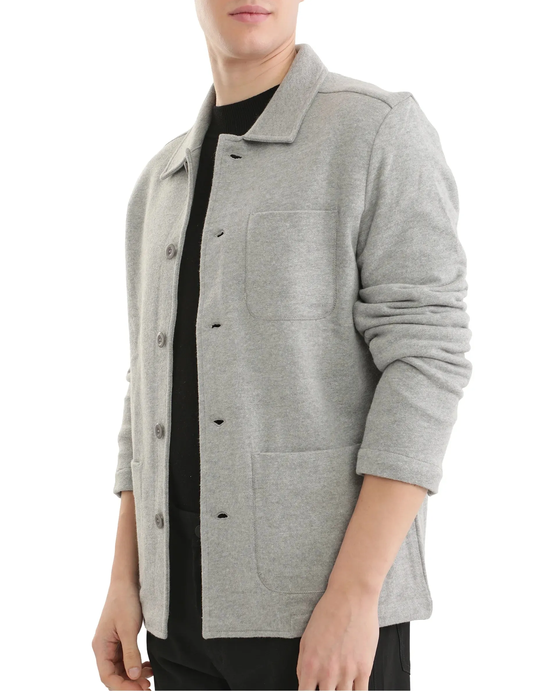 Rare Rabbit Men Vancouver Grey Polyester Rayon Fabric with 2 Front Pockets Relaxed Fit Textured Plain Shacket