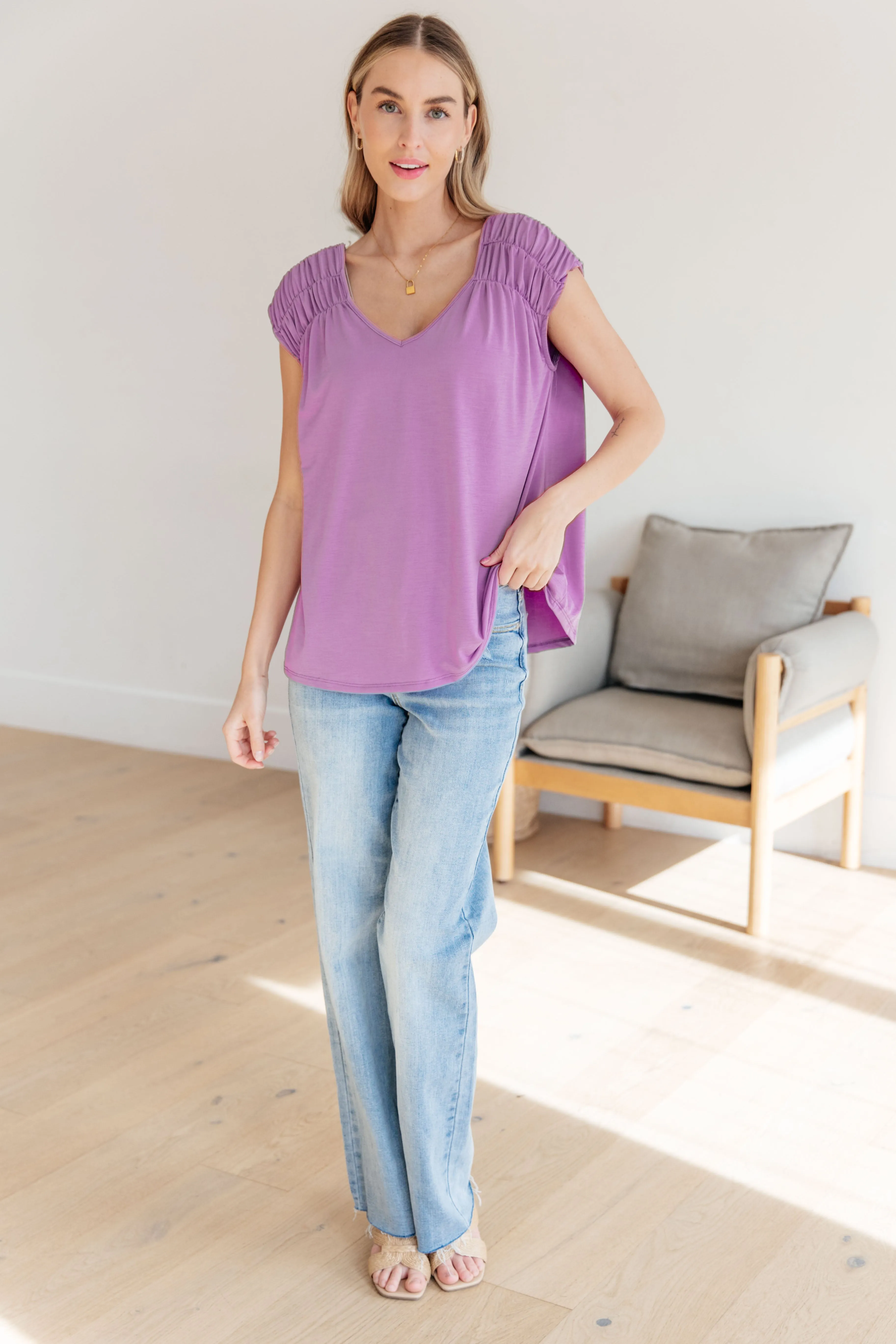 Ruched Cap Sleeve Top in Lavender