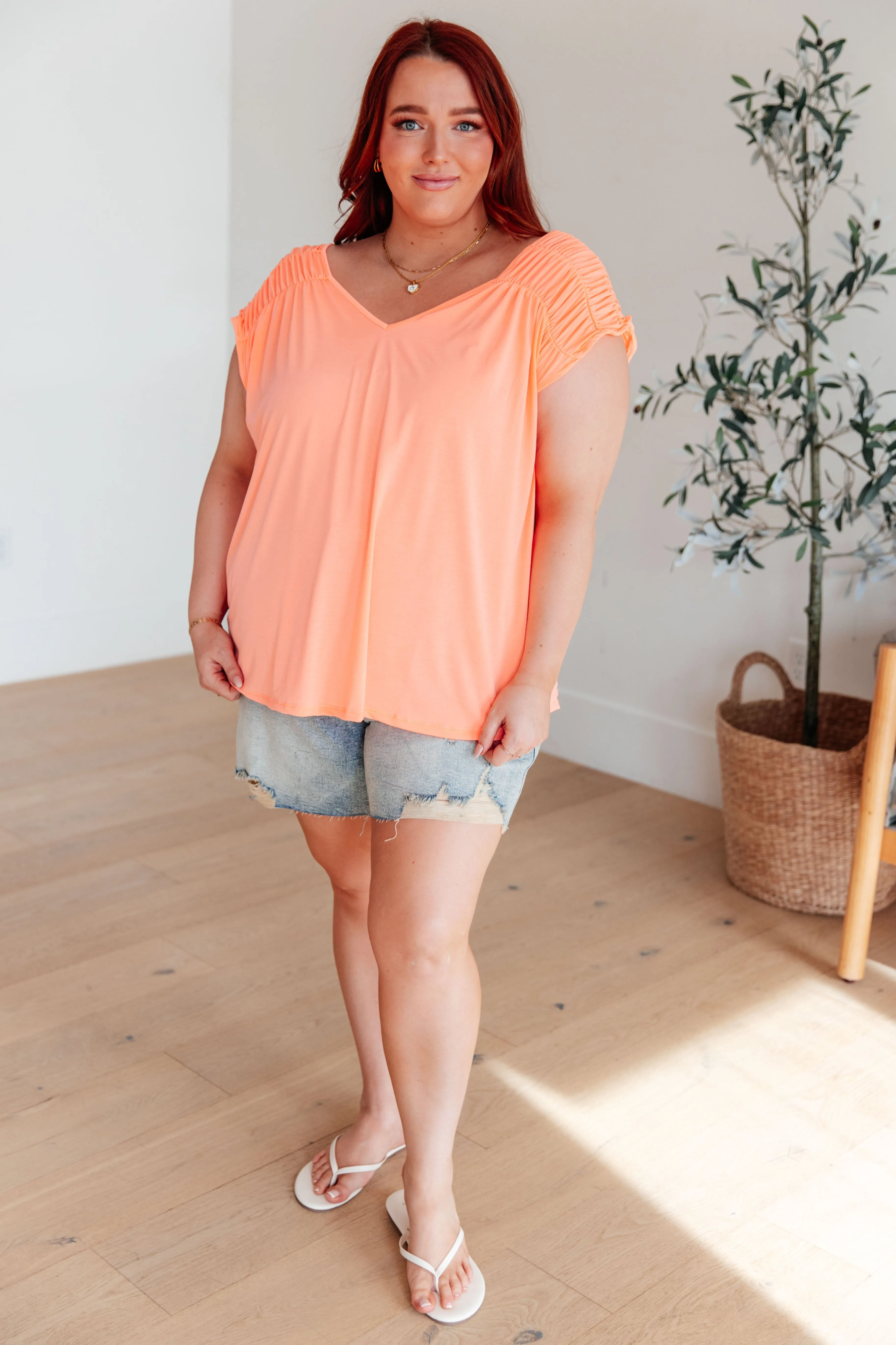 Ruched Cap Sleeve Top in Neon Orange