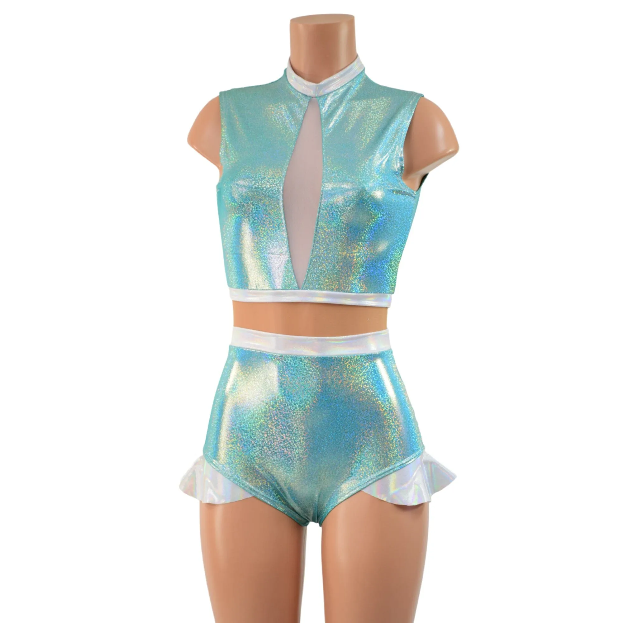 Seafoam, Flashbulb and Nude Mesh Romper with Inset Keyhole Neckline