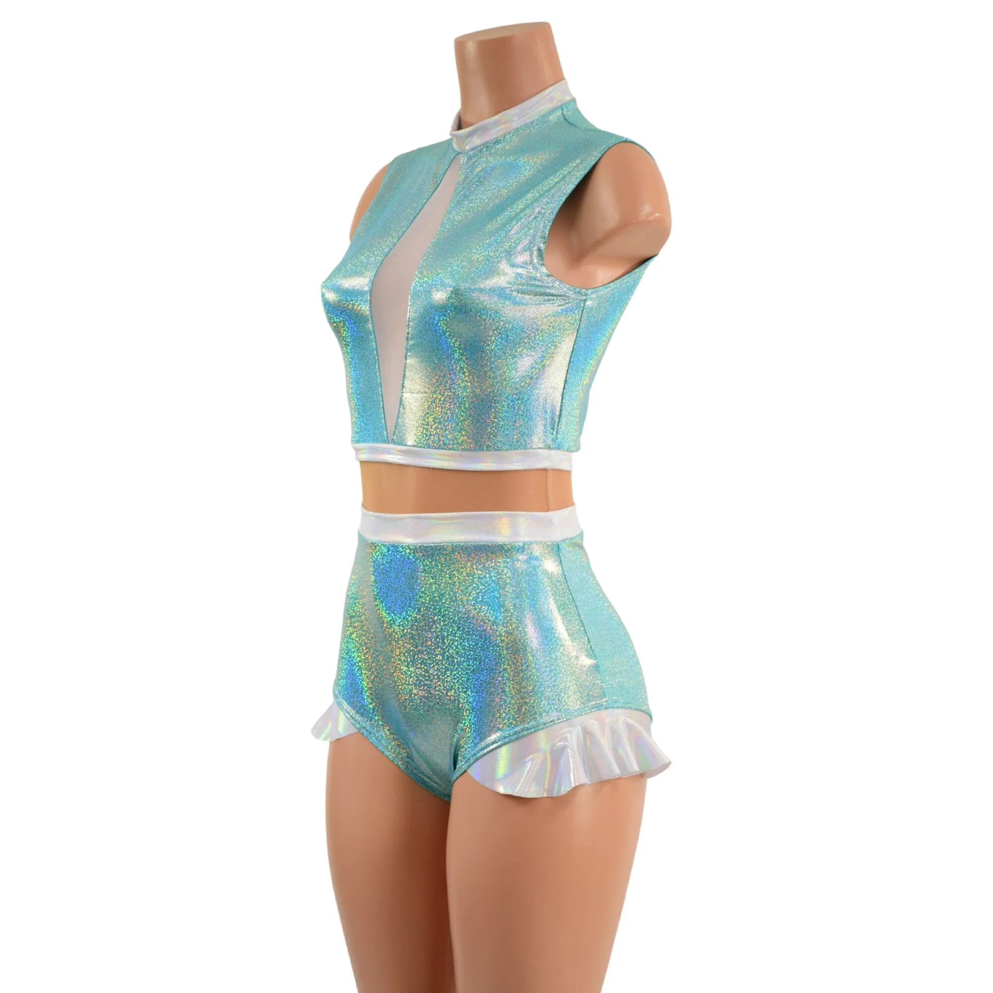 Seafoam, Flashbulb and Nude Mesh Romper with Inset Keyhole Neckline