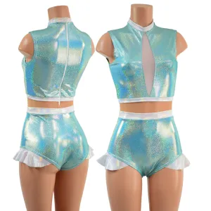 Seafoam, Flashbulb and Nude Mesh Romper with Inset Keyhole Neckline