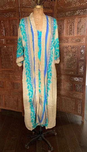 Silk Dress and Kimono Set - Turquoise Cream