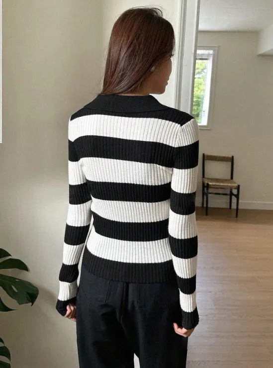 Striped Pattern Ribbed Knit Sweater