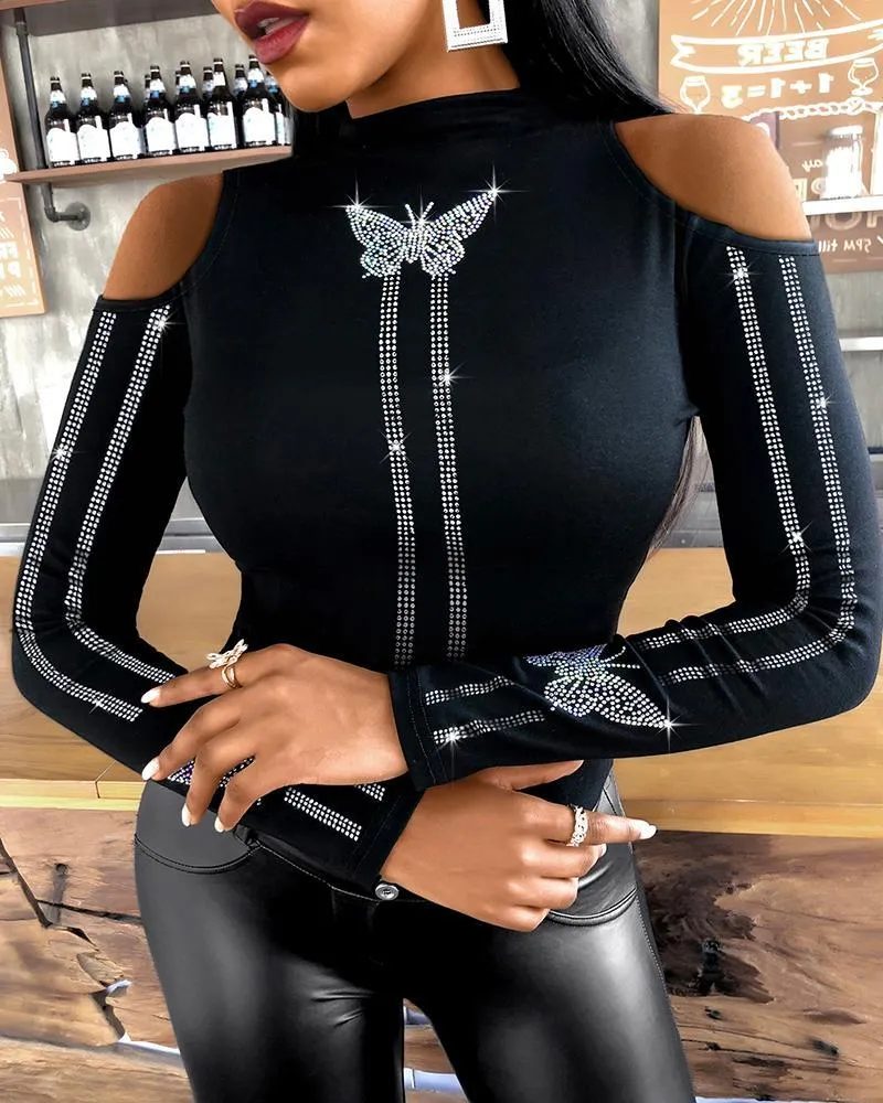 Women Butterfly Pattern Studded Open Shoulder Blouses