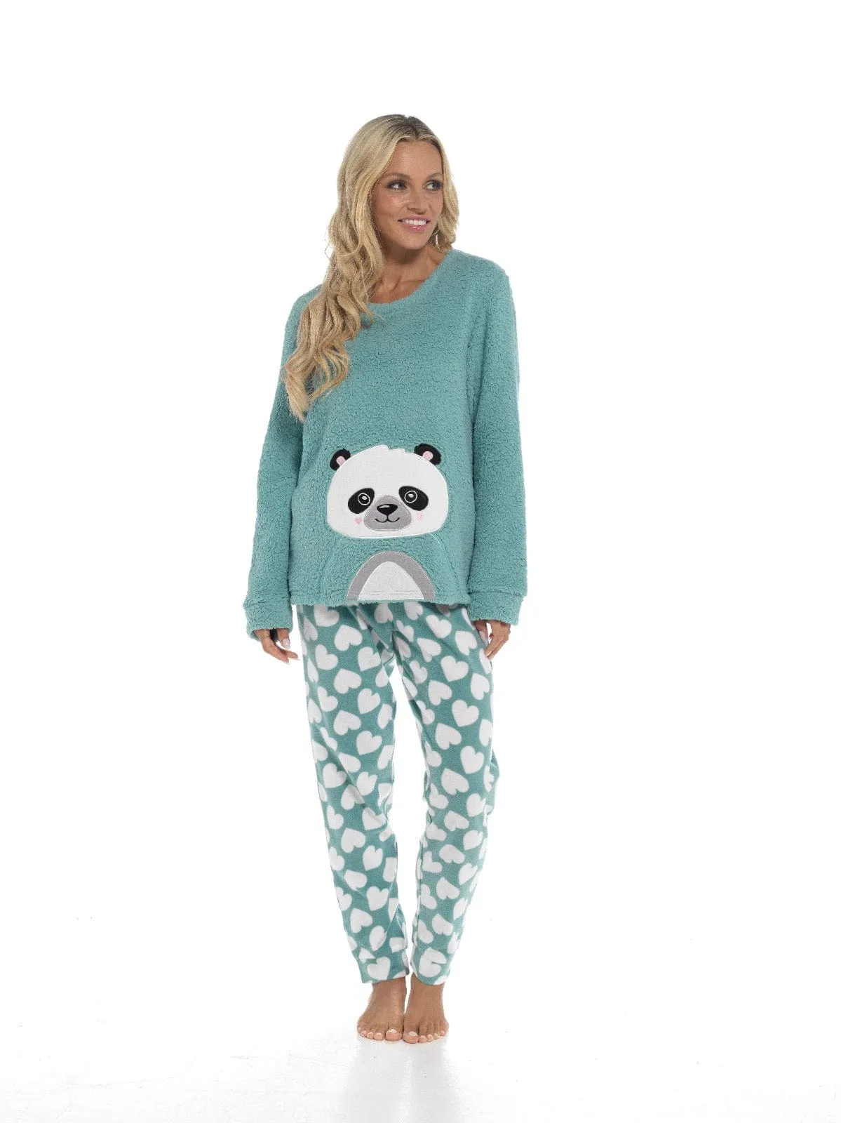 Women's Panda Snuggle Fleece Pyjama Set with Printed Pants Soft and Comfortable Loungewear in Easy Care Fabric Sizes Small to X-Large by Daisy Dreamer