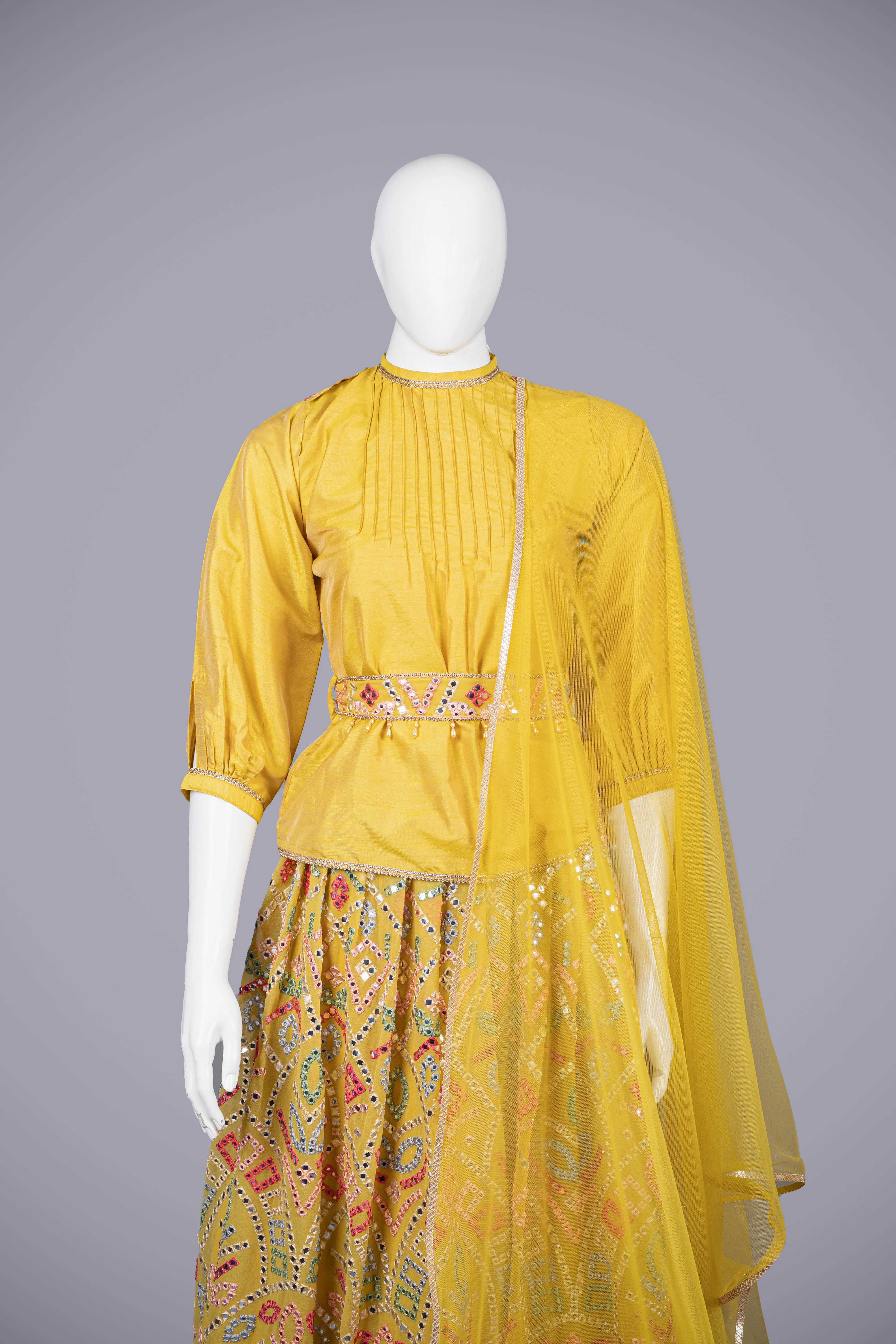 Yellow Pure Silk Crop Top Set with Mirror & Sequence Work