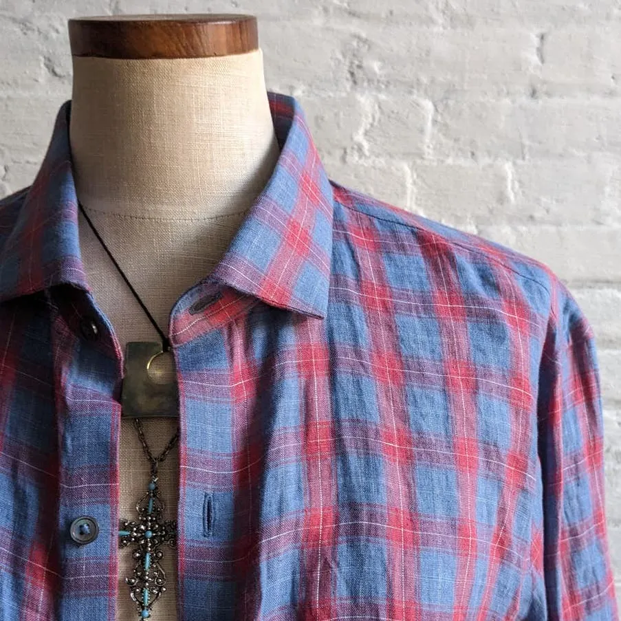 Zachary Prell Linen Plaid Button Down Grunge Red Blue Boyfriend Minimalist Top