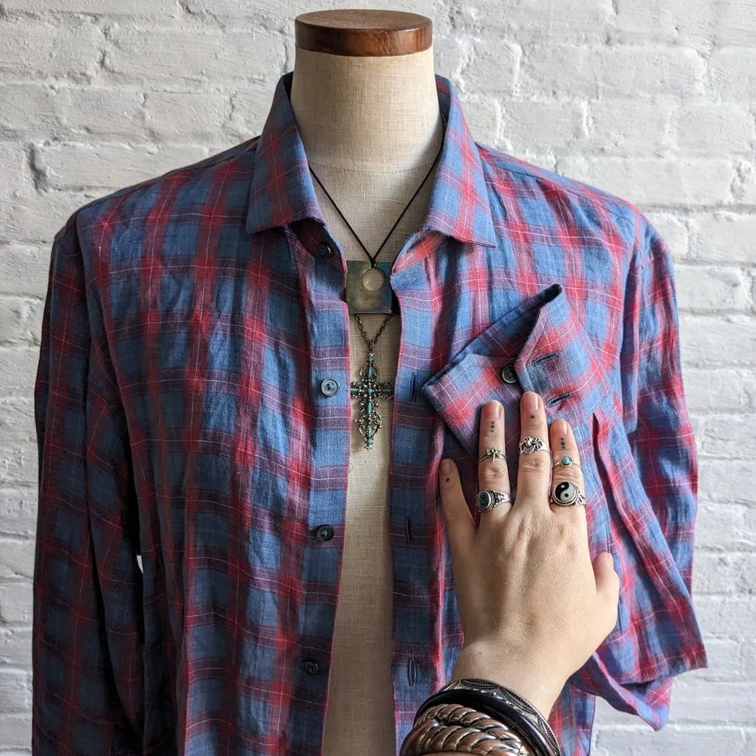 Zachary Prell Linen Plaid Button Down Grunge Red Blue Boyfriend Minimalist Top