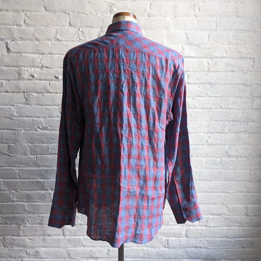 Zachary Prell Linen Plaid Button Down Grunge Red Blue Boyfriend Minimalist Top