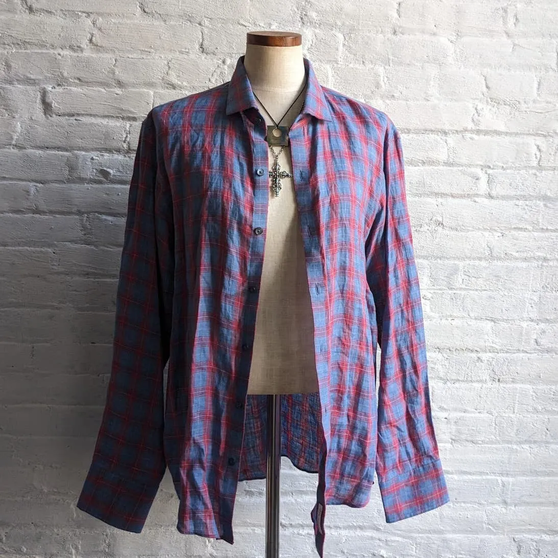 Zachary Prell Linen Plaid Button Down Grunge Red Blue Boyfriend Minimalist Top